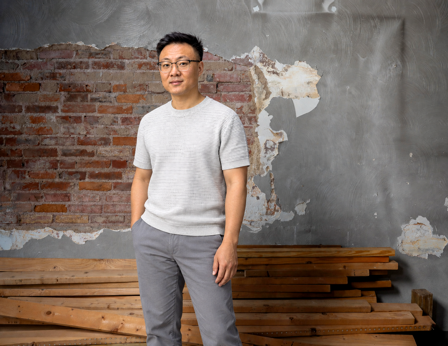 An interior designer standing in a renovation space with exposed brickwork and stacked timber.